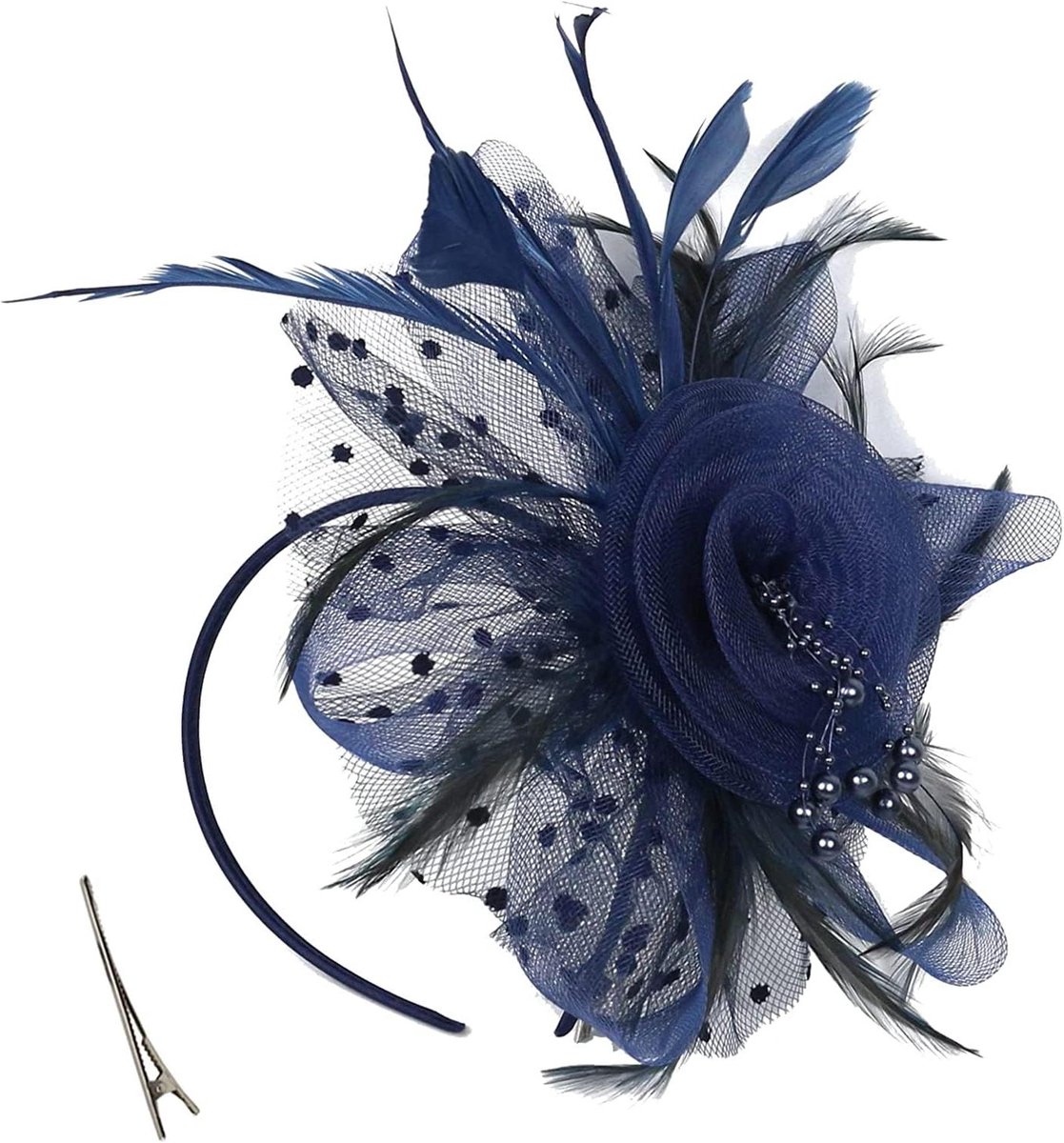 Mesh Hoofddeksel - Fascinator Hoed Haarstukje - Feestelijke Gelegenheden - Met Veren en Net - Eén Maat - Marineblauw
