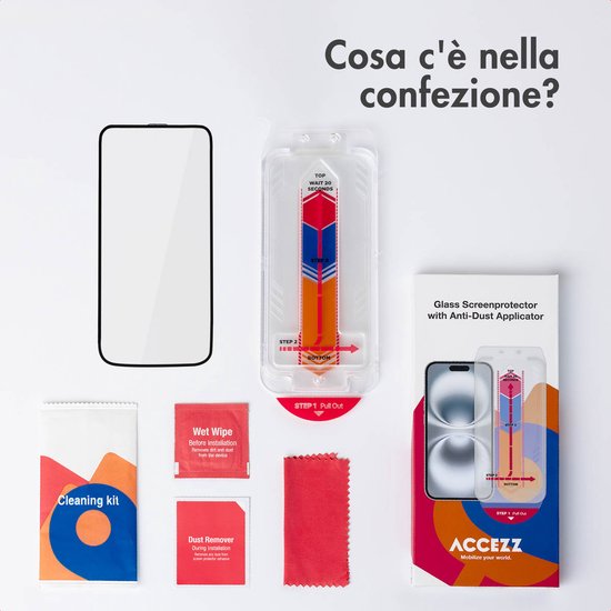 Inhoud van de verpakking: reinigingsset, stofverwijderaar, glas screenprotector met anti-stof applicator.
