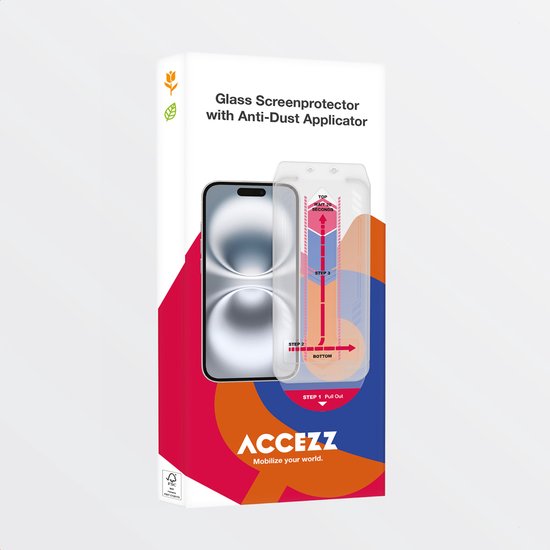 Verpakking van een glas screenprotector met anti-stof applicator, met een afbeelding van de smartphone en applicatie-instructies.