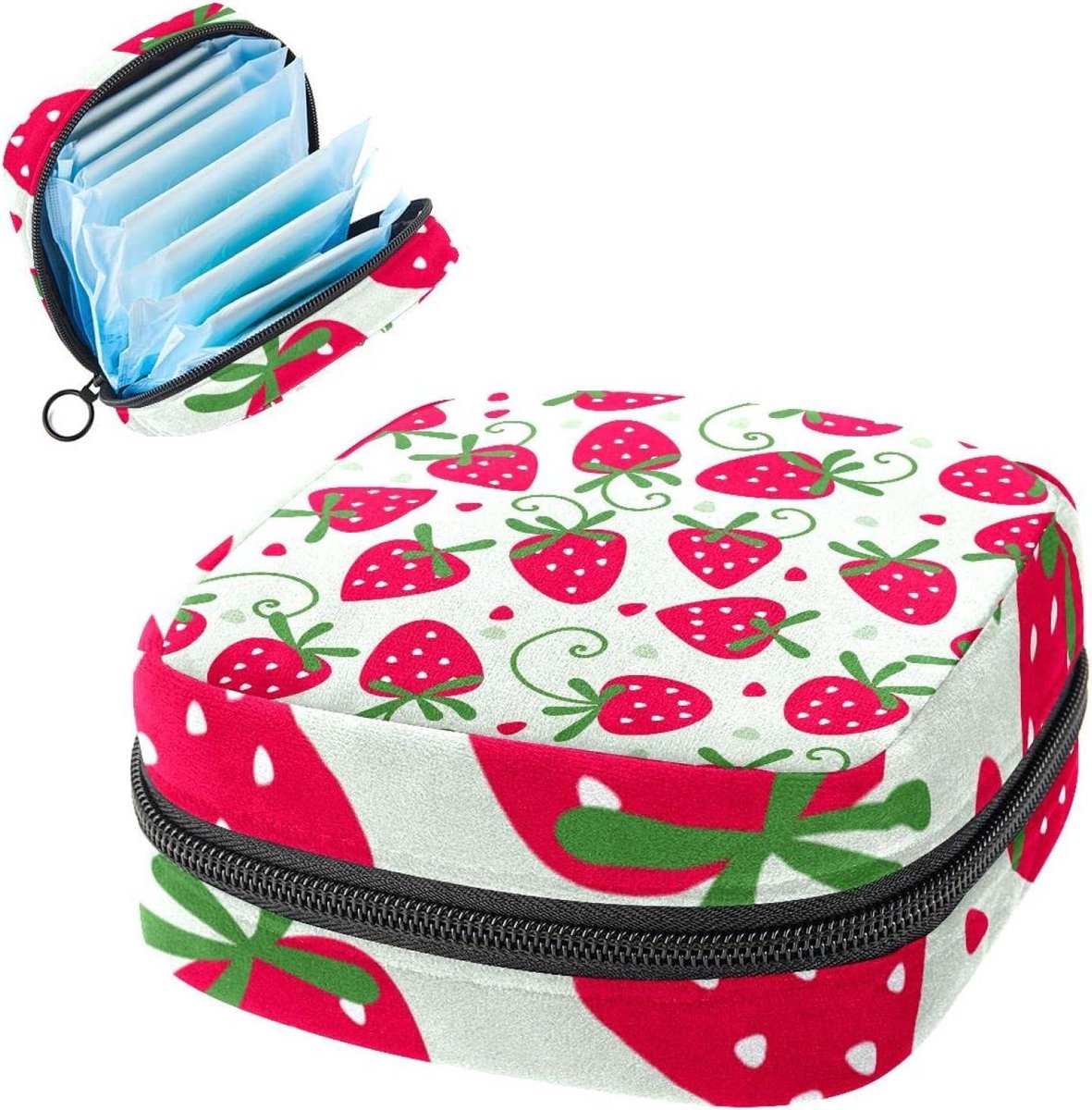 Maandverband Opbergtas,Draagbaar maandverband Opbergzak,Rood Sweety Strawberry Pattern, Meerkleurig, 4.7x6.6x6.6 in/12x17x17 cm