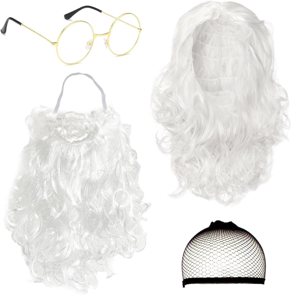4-delige set met Kerstman baard en pruik, inclusief hoed, haarnet en zonnebril voor feestelijke kostuums, kerstcosplay en volwassenen evenementen