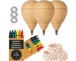 Houten tol - Kinderspeelgoed set - Traditioneel spel - Handgemaakt met krijtjes - 3 stuks - Natuurlijk hout