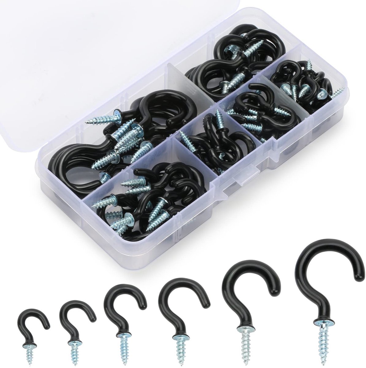 IMstore - Screw Hooks - 75 Stuks - Ideaal voor Ophangen - Zwart - Schroefhaak Set - Voor Thuis en Kantoor - 6 Verschillende Maten
