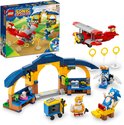 Volledige LEGO Sonic 76991 set met verpakking, Tails' werkplaats, vliegtuig, Sonic en Tails minifiguren.