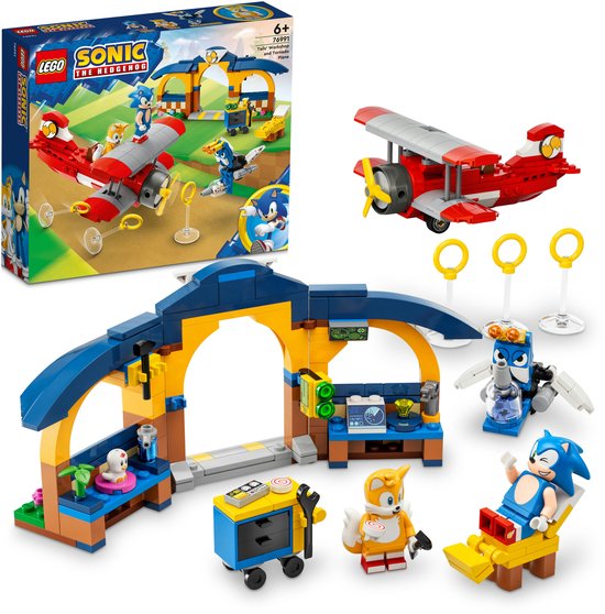 Volledige LEGO Sonic 76991 set met verpakking, Tails' werkplaats, vliegtuig, Sonic en Tails minifiguren.