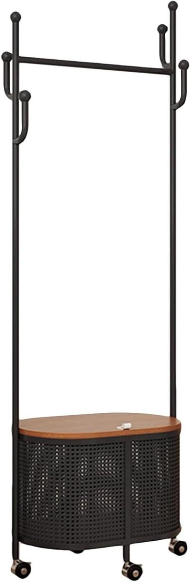 Kledingrek met Wielen - Kledinghouder Organizer - Ruimte Besparen - Met Vuile Was Mand - 173 cm Hoog - Zwart Houtkleur