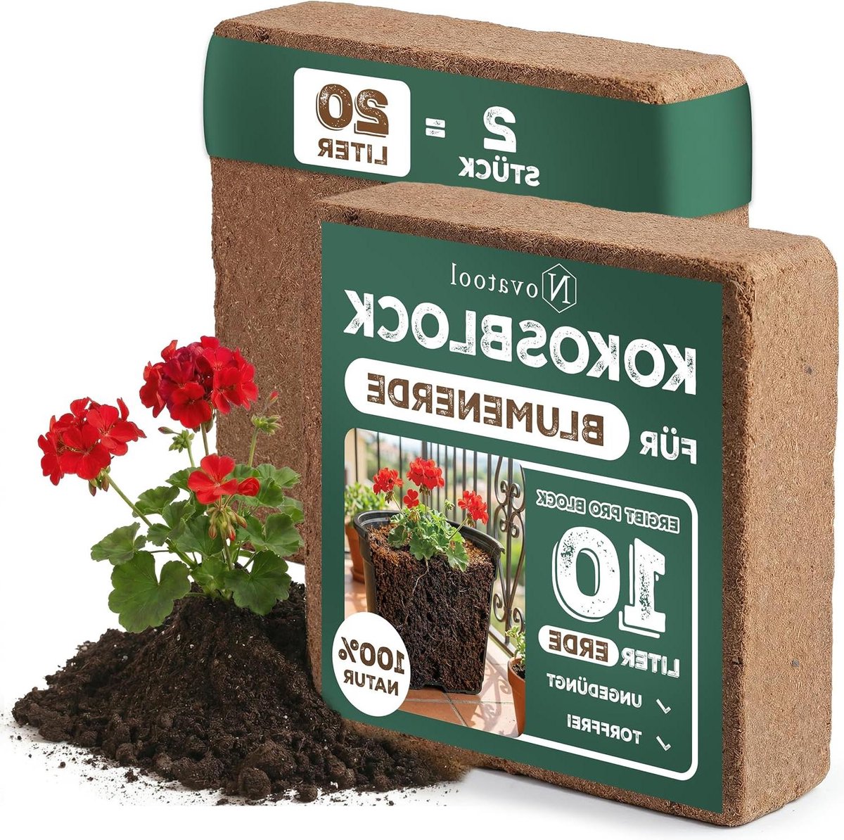 2 x kokosaarde met zak voor kamerplanten, 20 liter, 750 g, 19 x 18 x 5 cm, kokosvezels, kokossubstraat kokosaarde kweekaarde, humusbaksteen, bloemenaarde, biologische tuinaarde, kokosbaksteen, fijne zwelltabletten, kokos