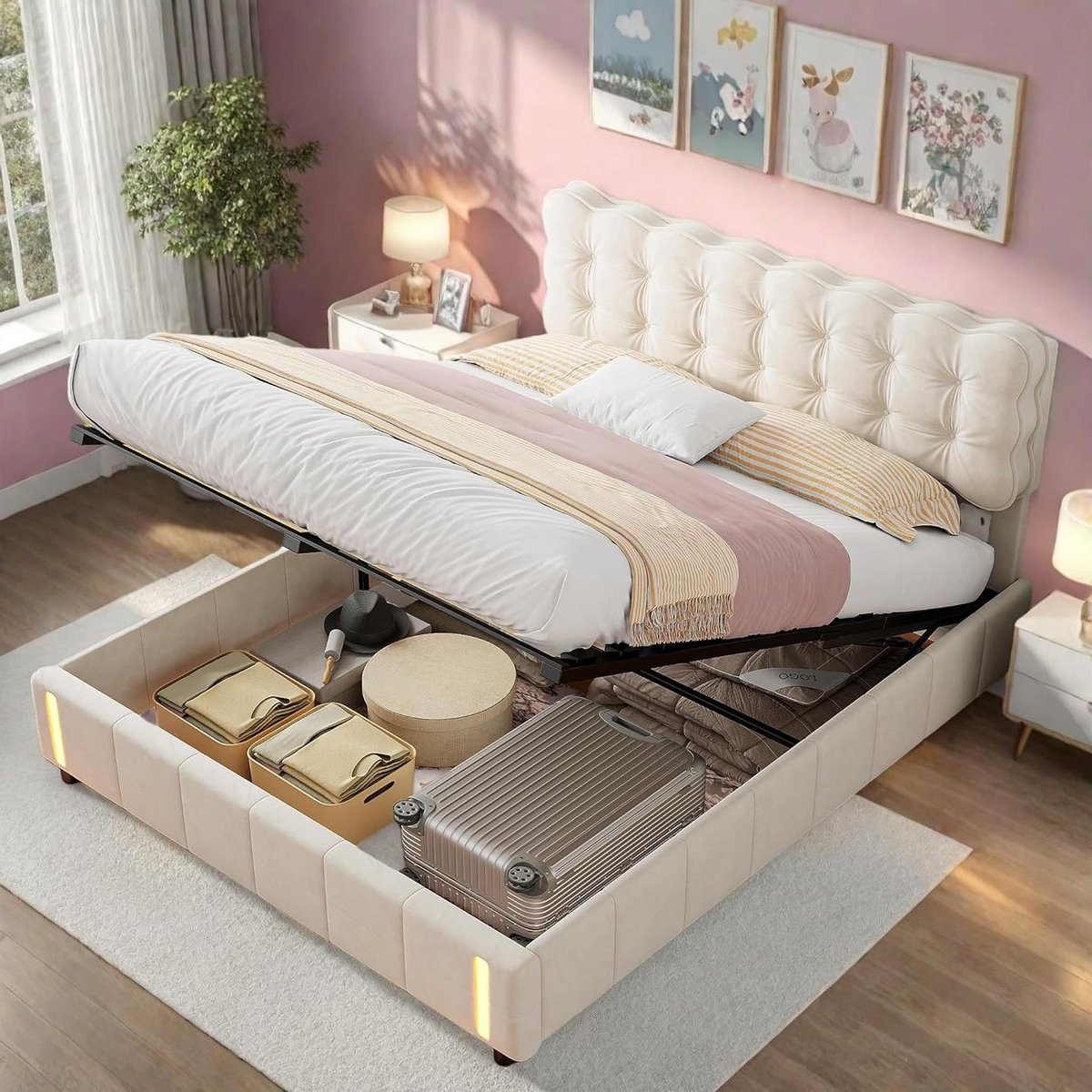 Gestoffeerd Bed - Opbergbed - Slaapkamer Inrichten - Met Sensorlicht - 140 x 200 cm - Beig
