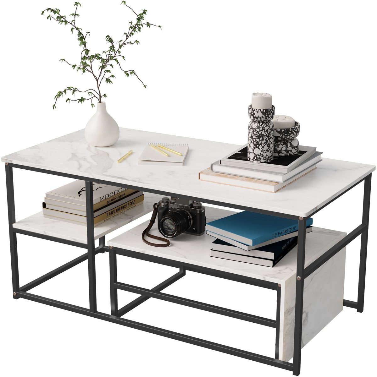 ROSAHQNDA - Salontafelset van 2 - Zwarte tafelpoten - Vierkante bijzettafel - Wit - Salontafelset