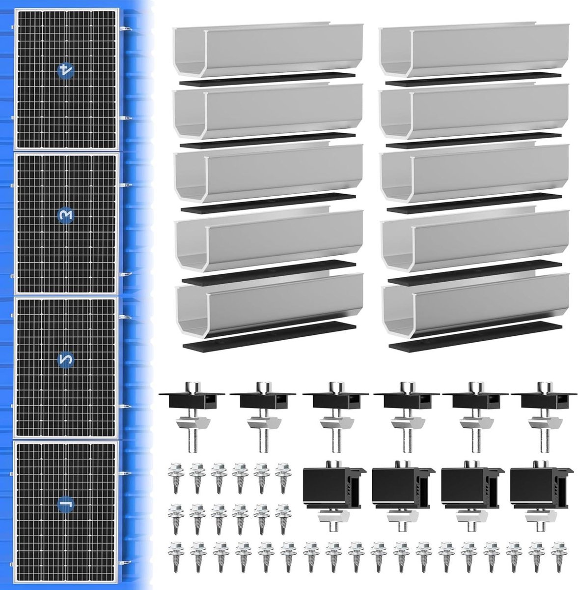 Zonnepaneel Houder - PV Montagesysteem - Plat Dak Installatie - Corrosiebestendig Aluminium - Voor 4 Modules - Zilver Zwart