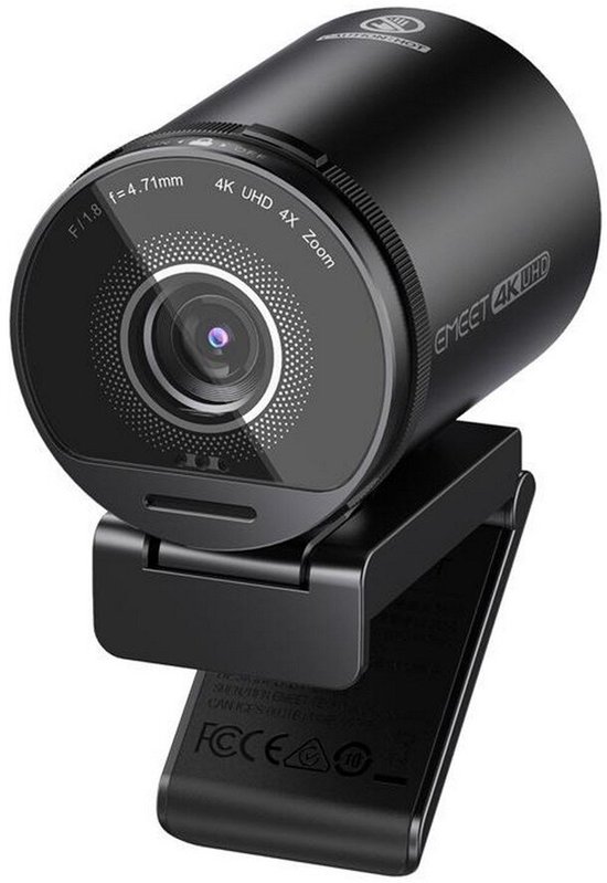 Webcam eMeet SmartCam S800 noire avec zoom 4K UHD et fixation à pince.