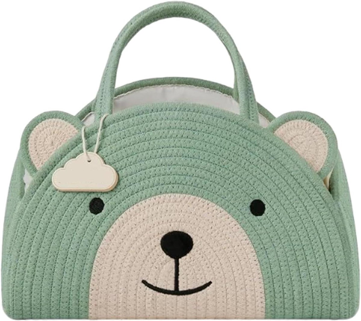 Opbergmand Katoen - Luierhouder - Babykamer Inrichten - Schattig Beer Ontwerp - 32x22x20 cm - Groen