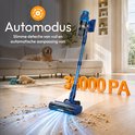 Blauwe steelstofzuiger met 38000 Pa zuigkracht op een houten vloer, hond kijkt toe.