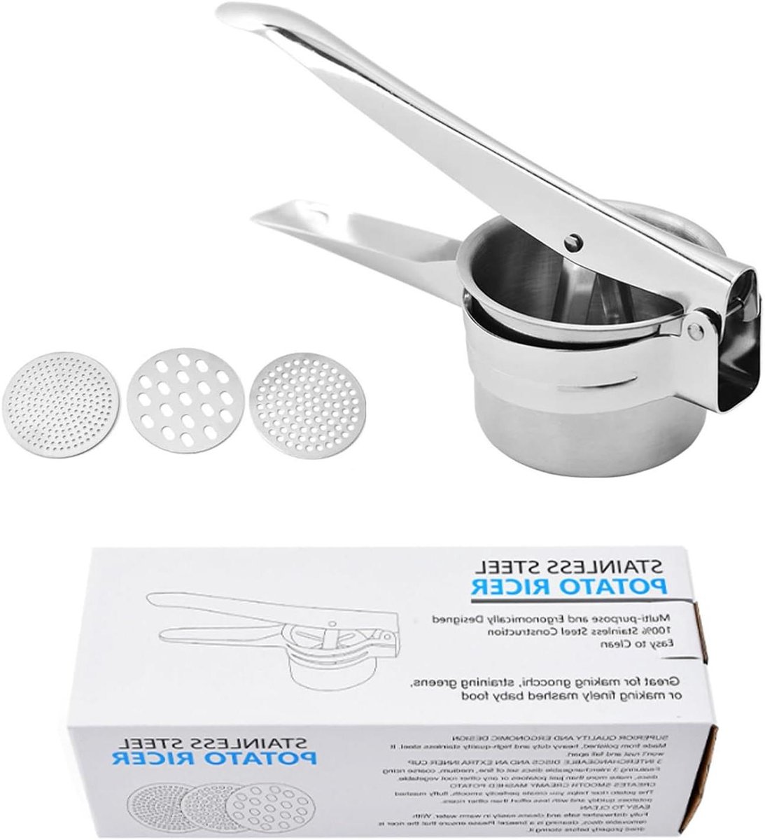 Aardappelstamper - Voedselpers - Puree Maken - 3 Verwisselbare Schijven - 27 cm - Zilver