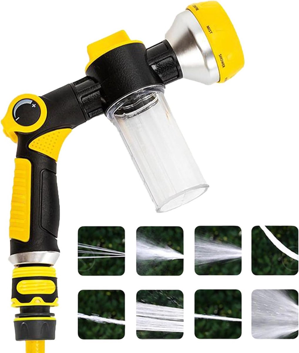 Tuinslang douche, tuinslang sproeikop met zeepdispenser-, instelbare reinigingssprayer voor planten, bloemen, huisdieren, baden, auto, binnenplaats, gazon