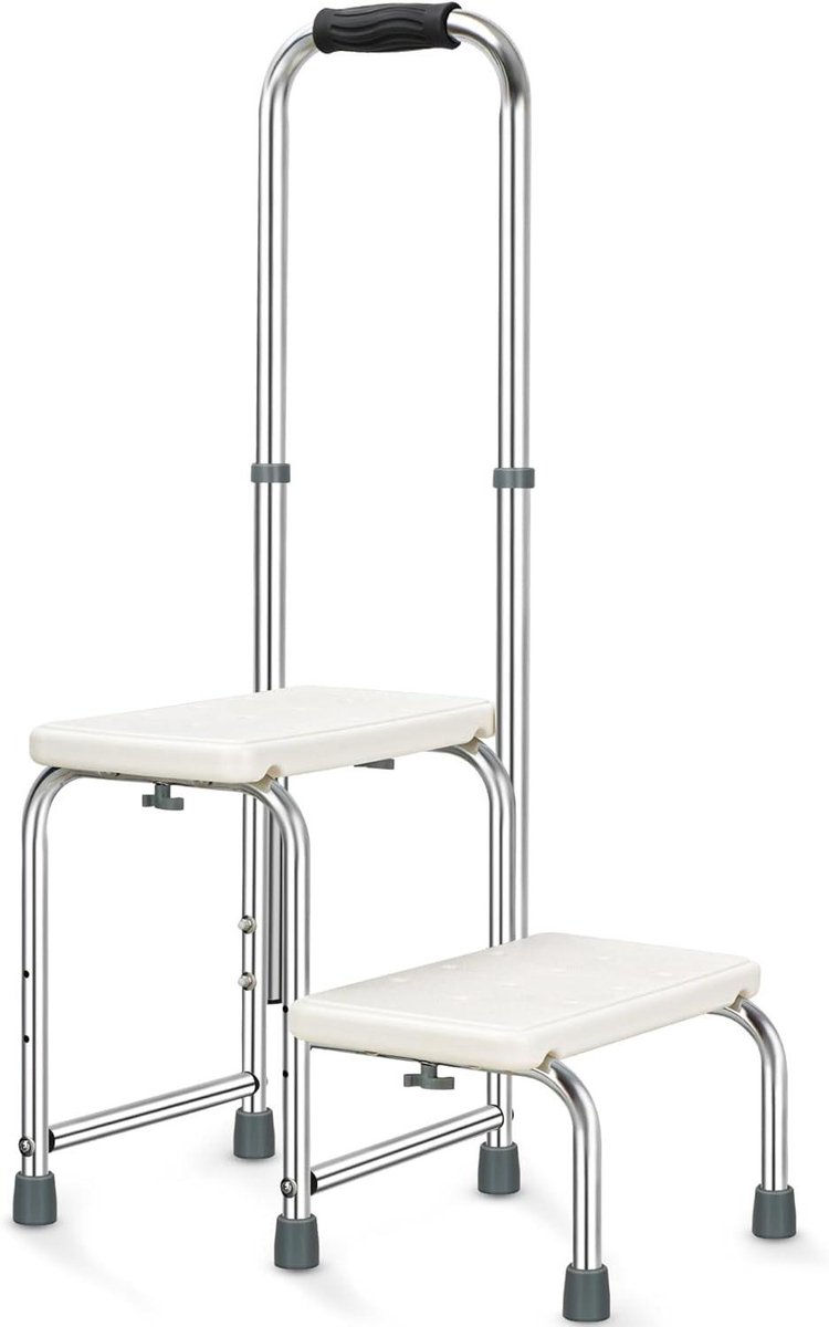 Opstapkruk met handvat - Twee treden kruk - Veilig opstaan - Antislip oppervlak - Tot 158 kg - Zwart