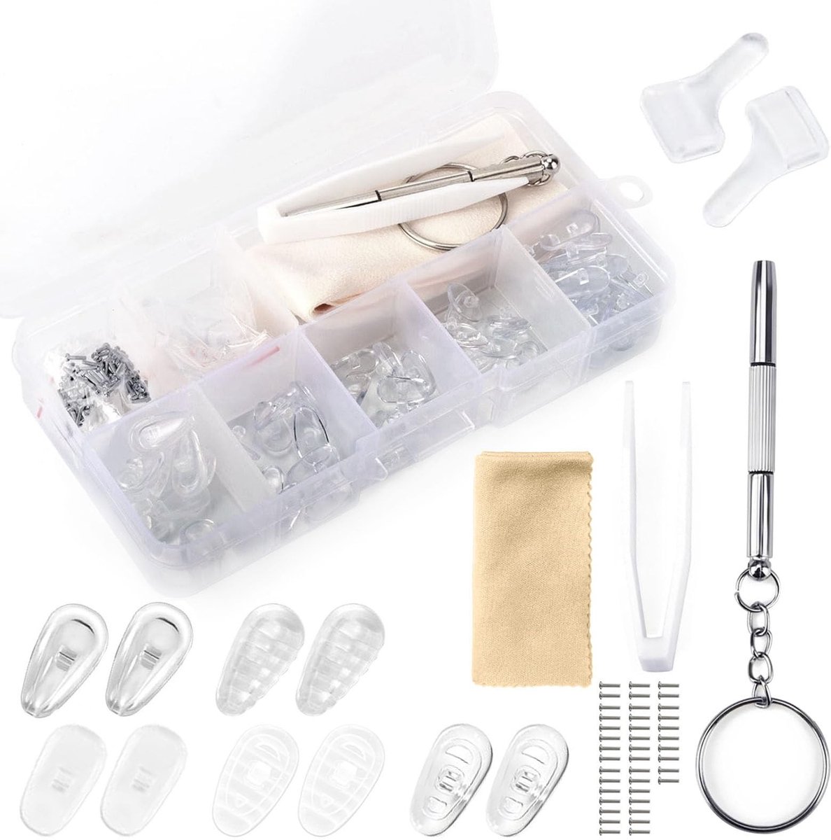 Dailygoods - Dailygoody - Brillen reparatieset - Neuspads en schroeven - Compleet en handig - Universele kit - Voor brillenliefhebbers - Met etui en tools