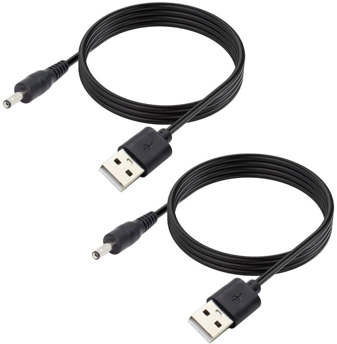 Twee 5V DC-voedingskabels, USB 2.0 mannelijk naar 3,5 mm x 1,35 mm DC mannelijk, geschikt voor routers, ledlampen, luidsprekers en andere apparaten, 1 meter lang.