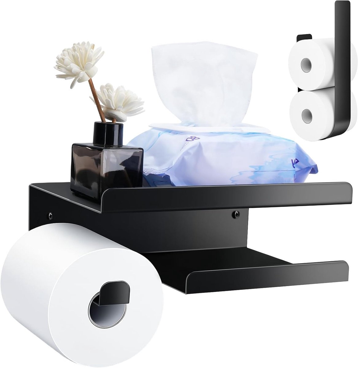 Zelfklevende Toiletpapierhouders Set van 2, Wandmontage zonder Boren, RVS Toiletrolhouder met Opbergplank voor Keuken en Badkamer
