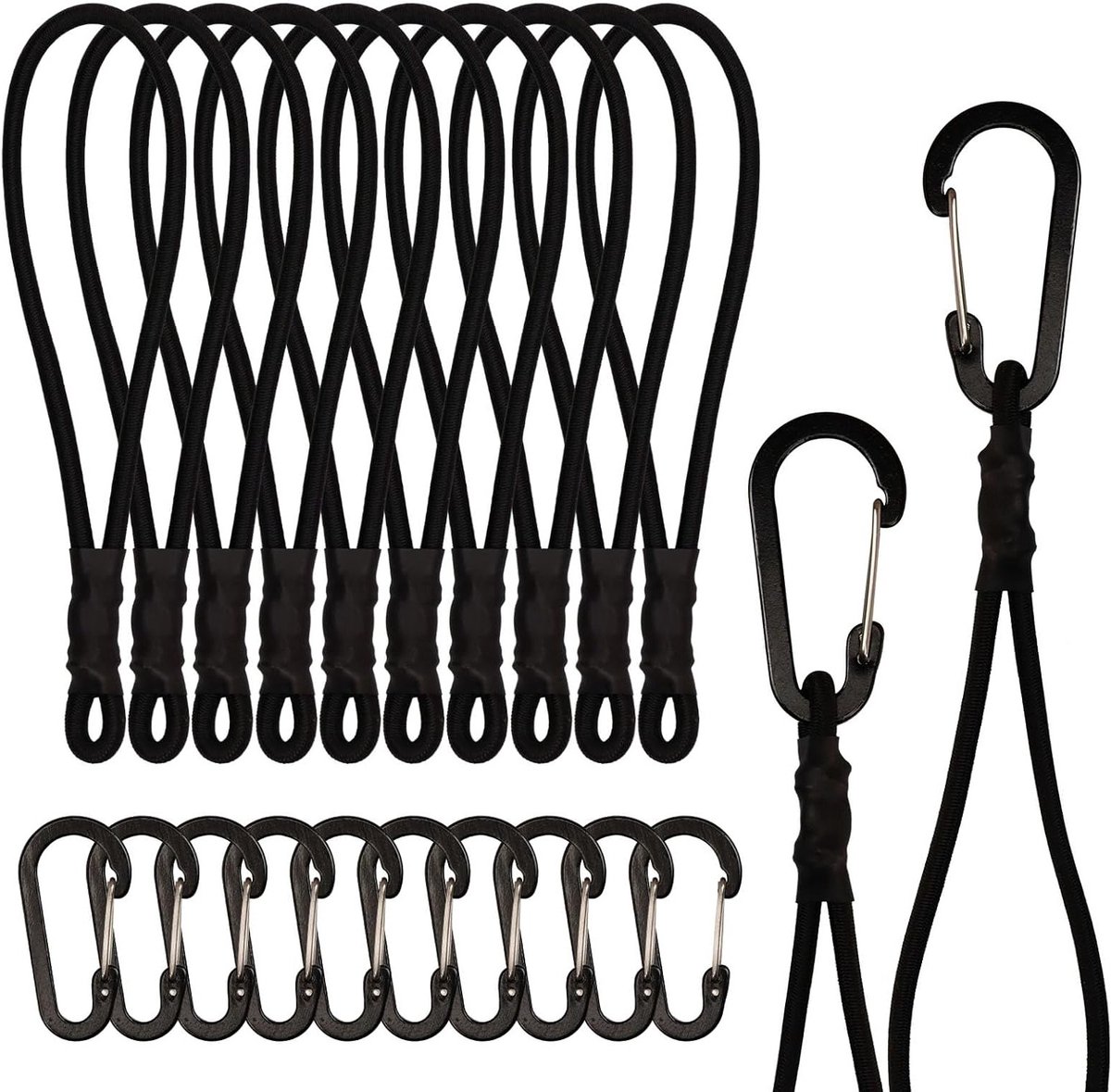 Set van 10 elastische spanbanden met karabijnhaak van 15 cm voor camping, dekzeilen en tenten, ideaal voor bevestigen en vastzetten van materialen