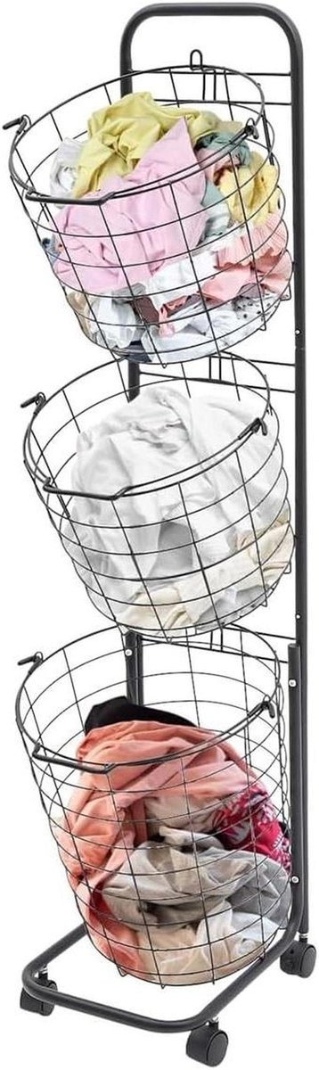 Rollende Wasmand - Kleding Sorteerder - Efficiënt Sorteren - 3 Verwijderbare Manden - 122 cm Hoog - Zwart