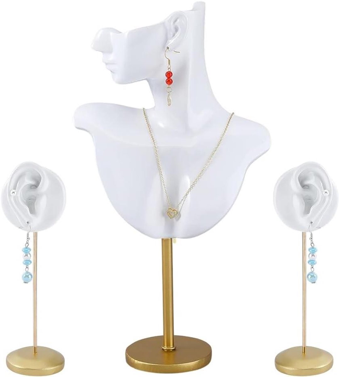 Sieraden Buste Standaard - Halsketting Houder - Sieraden Presenteren - Afneembare Oorbelhouders - 32 cm Hoog - Mat Wit