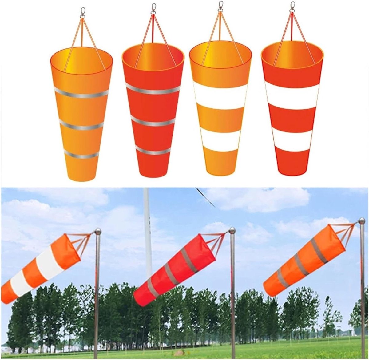 Windzak Outdoor - Windmeter Windsok - Windrichting Meten - Reflecterende Riem - 60 80 100 cm - Oranje Wit