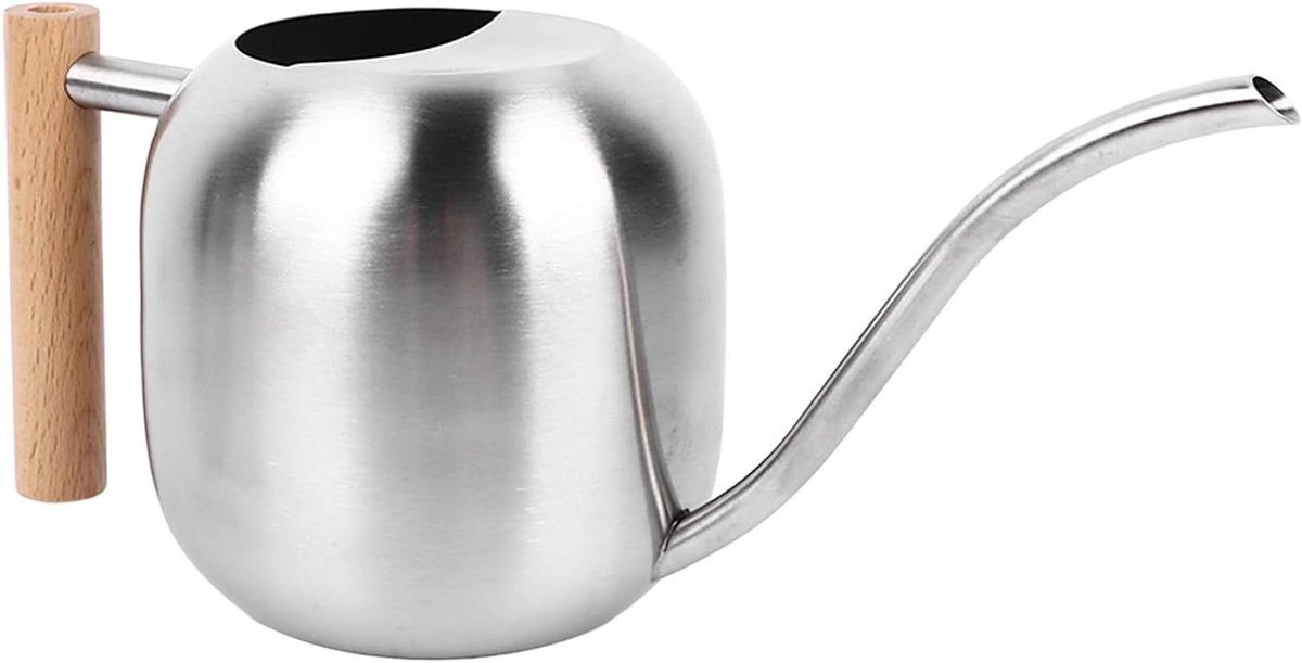 Gieter Roestvrij Staal - Waterkannetje Kamerplant - Planten Water Geven - Ergonomisch Houten Handvat - 1200 Ml Capaciteit - Zwart