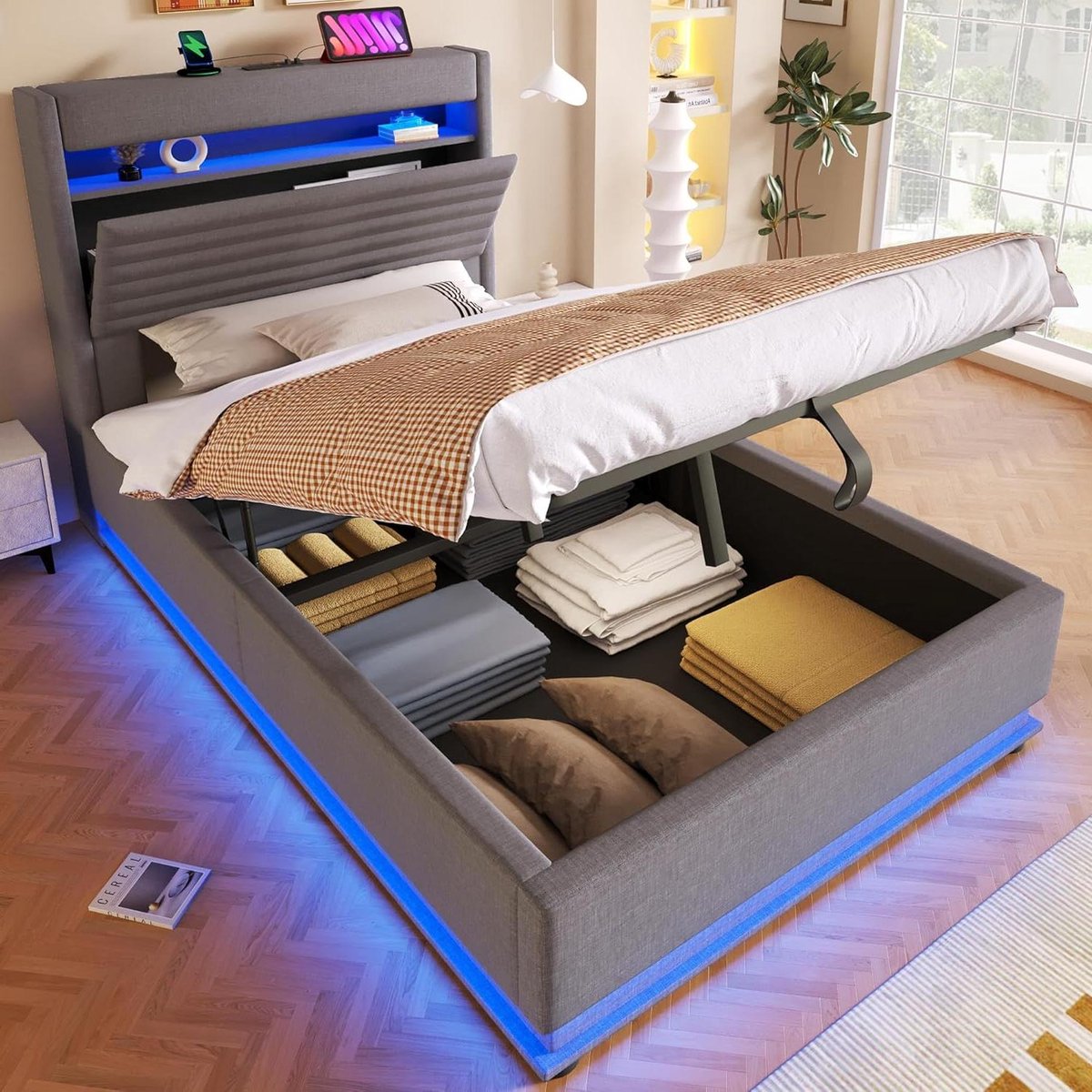 Gestoffeerd Bed - Opbergbed Frame - Ruimte Besparen - Hydraulische Opslag - 90x200 cm - Grijs