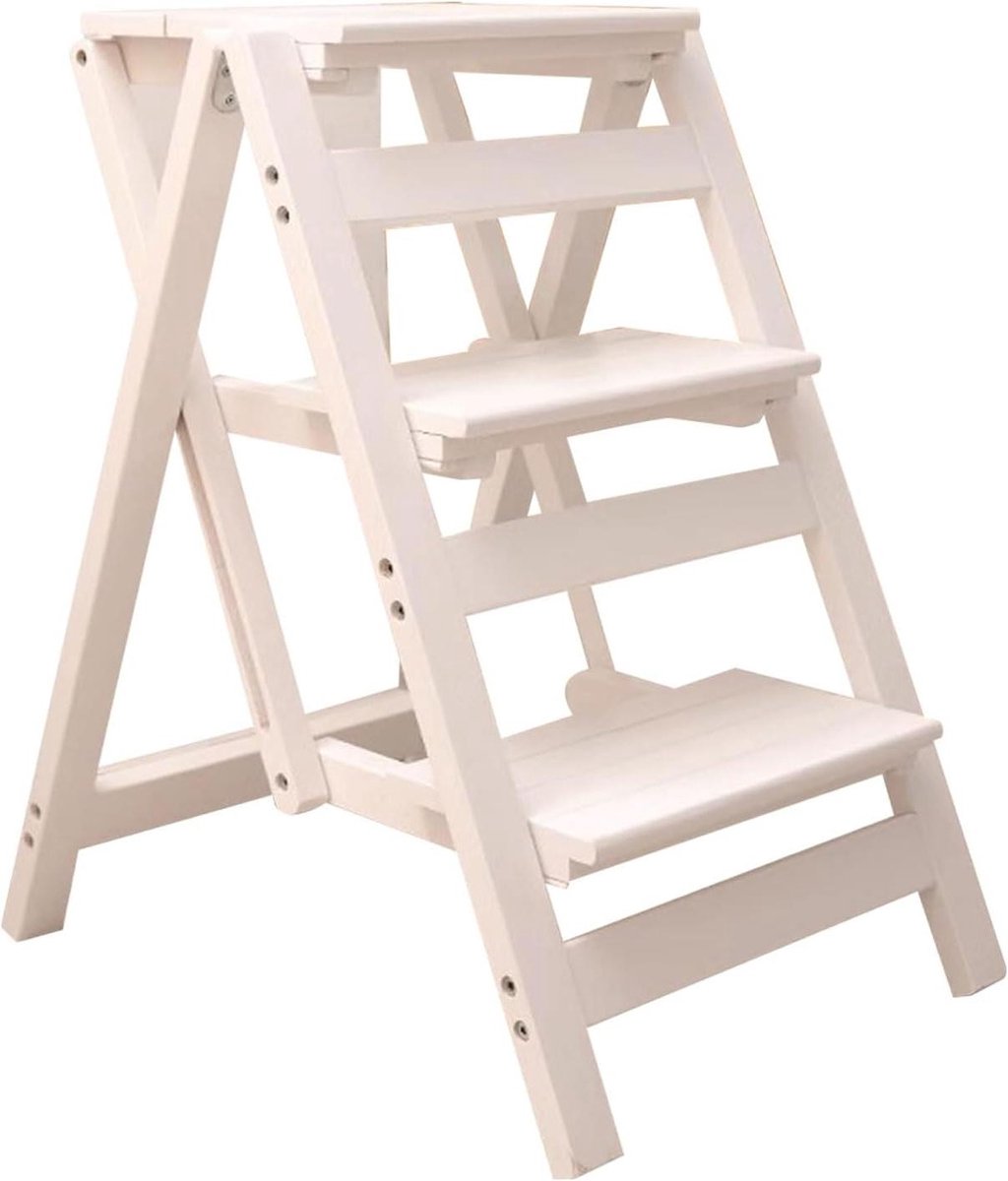 Opvouwbare Kruk - Opstapje - Keuken Hulp - Verbreed Pedaal - 66 cm Hoog - Wit