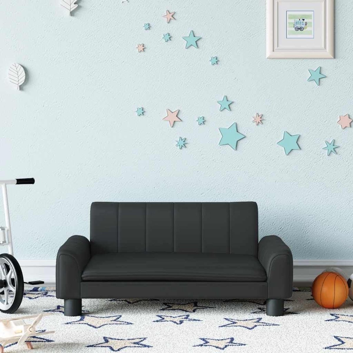 Kinderbank Kunstleer - Mini Sofa - Ontspannen Zitten - Massief Houten Frame - 70 x 45 x 30 cm - Zwart