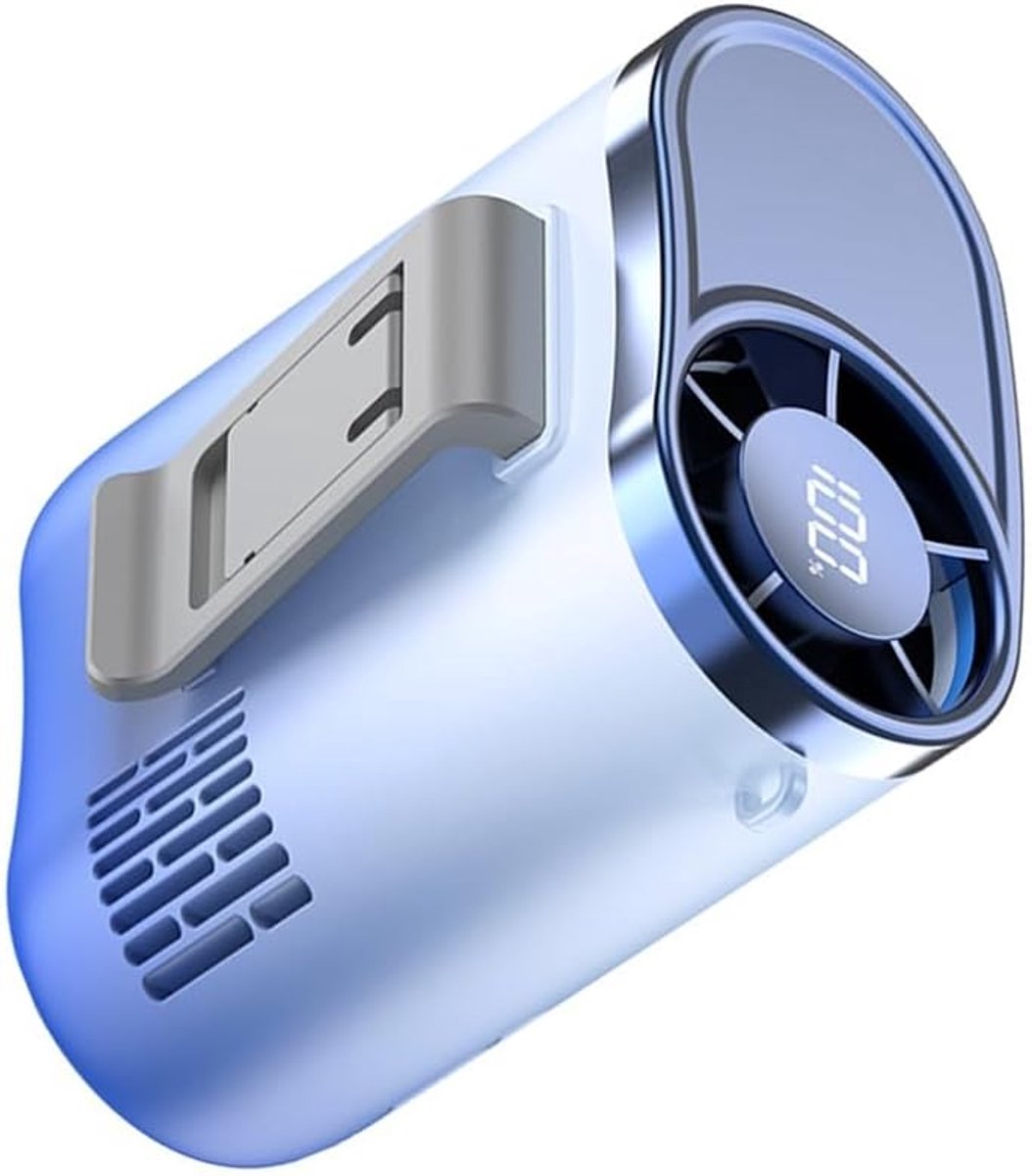 Snelle, compacte heupventilator voor op reis, oplaadbaar via USB, duurzaam en gaat lang mee.