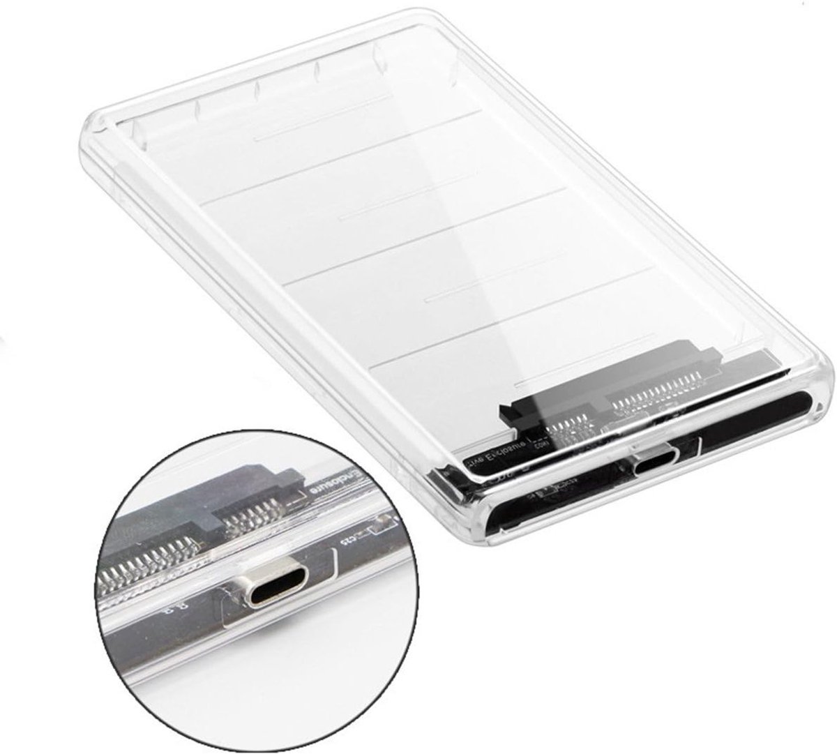 Externe behuizing voor 2.5 inch SATA SSD/HDD met USB-C aansluiting, transparant ontwerp voor laptop en pc