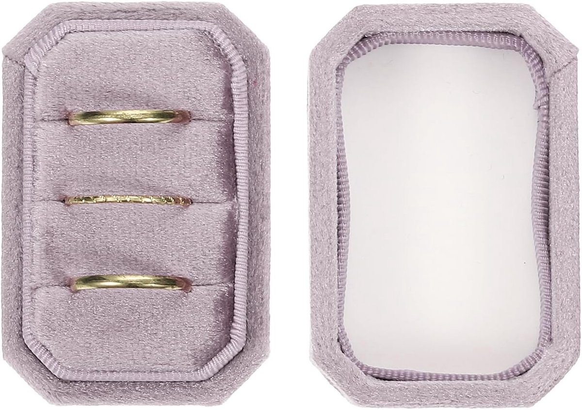 Velvet Ring Box met 3 Compartimenten, Octagonale Ringdrager voor Sieradenopslag, Handgemaakt Vintage Display voor Verloving en Huwelijk, Champagne Paars