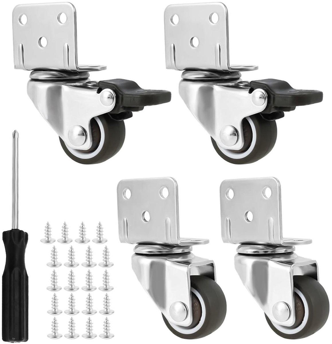 Set van 4 Zwenkwielen voor Zware Meubels - 25mm/32mm Stille Rubber Wielen voor Kasten, Werkbanken en Gereedschapswagens, 2 met Rem, 2 Zonder Rem, Zilver
