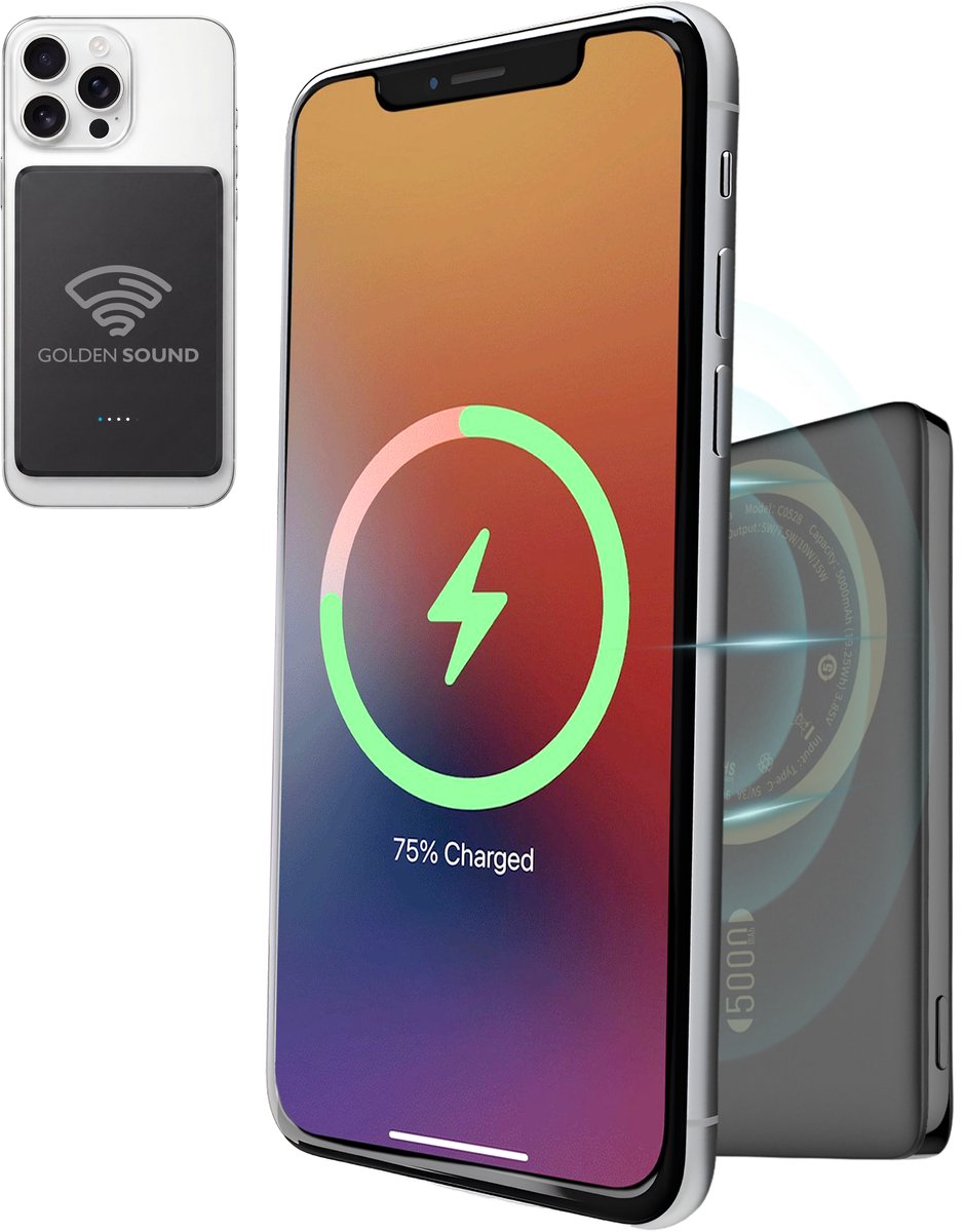 Golden Sound Powerbank 5.000 mAh - Geschikt voor MagSafe systeem - Powerbanks - Magnetisch opladen - Noodpakket - Draadloos opladen - Met USB-C Poort