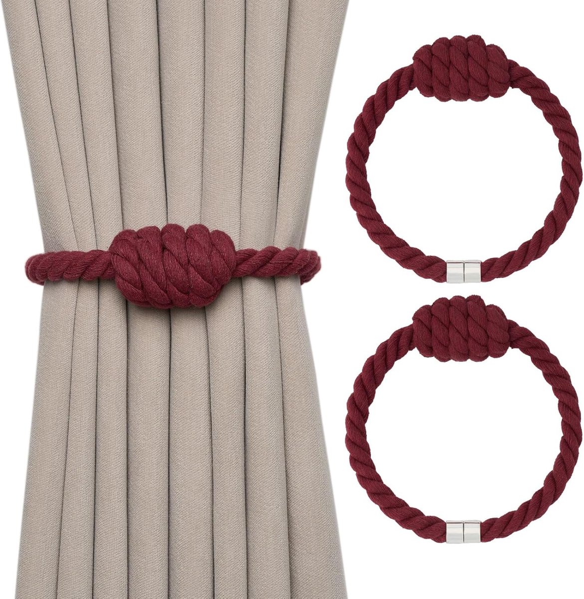 Set van 2 magnetische gordijnbinders van natuurlijk katoen, bohemian stijl, elegante handgeweven decoratieve gordijnbinders met knoop, geschikt voor gordijnen in huis en op kantoor (bordeauxrood)
