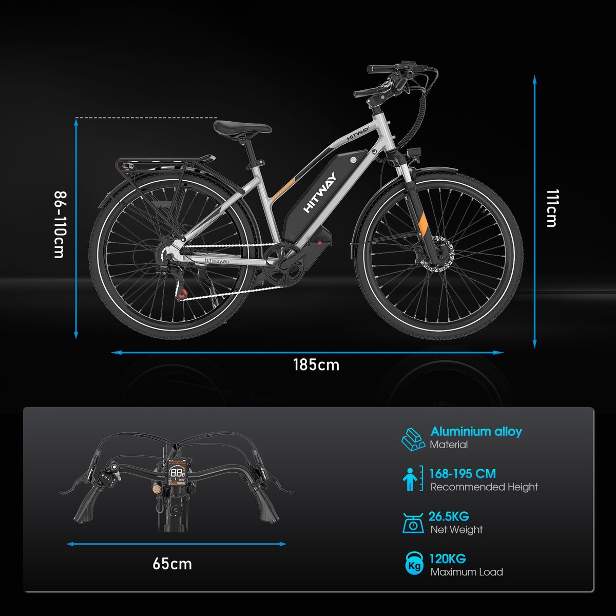 Hitway Elektrische Fiets BK16 - Trendy 26*3.0 Inch City Commuter EBike met Afneembare 48V 18Ah Lithium Batterij - Mountain E-Bike met 250W Motor - 7 Versnellingen - IP54 Waterdicht (EAN: ...9677) - afbeelding 3