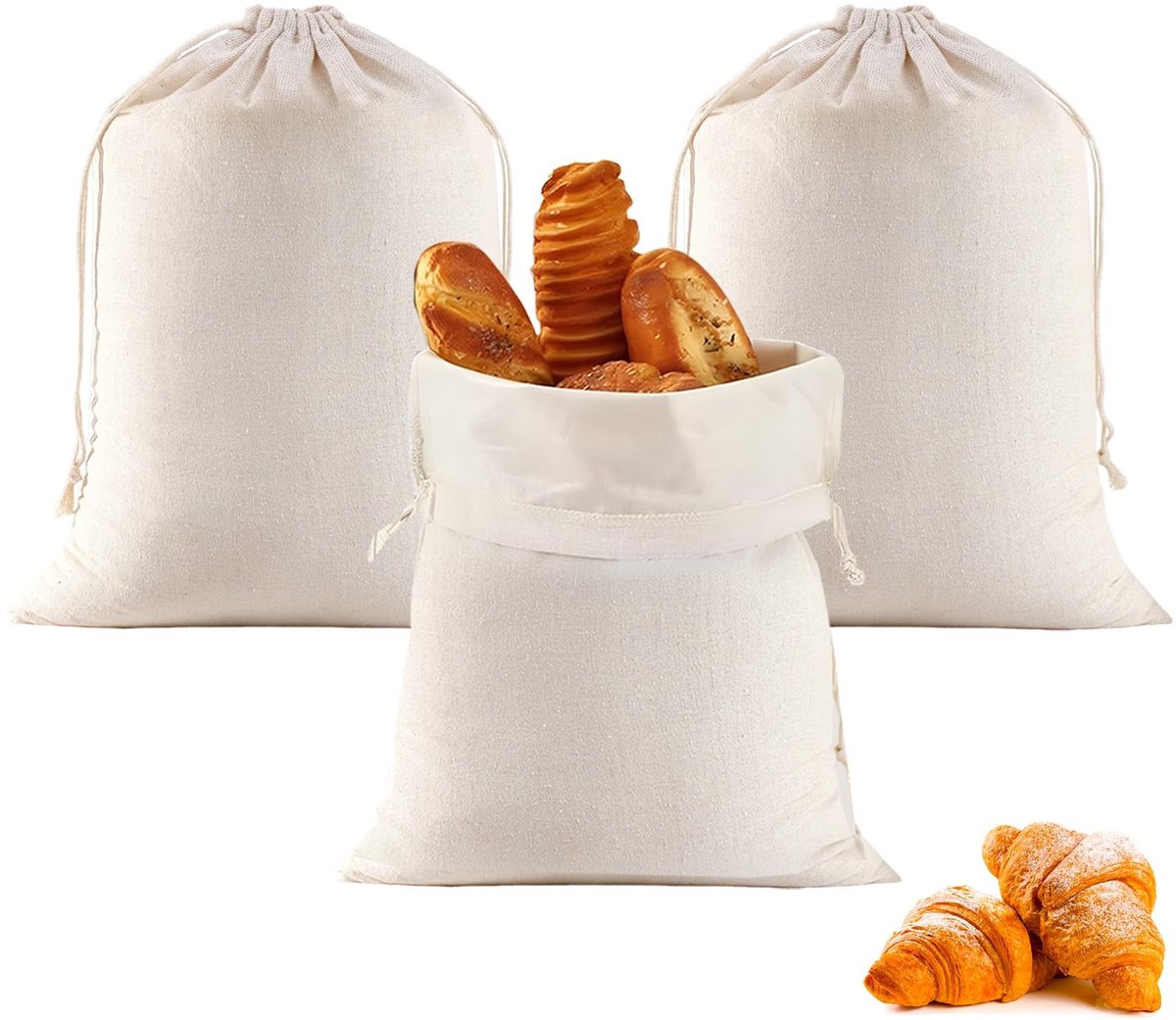 Dailygoods - Set van 3 Herbruikbare Katoenen Broodzakken 40x30cm