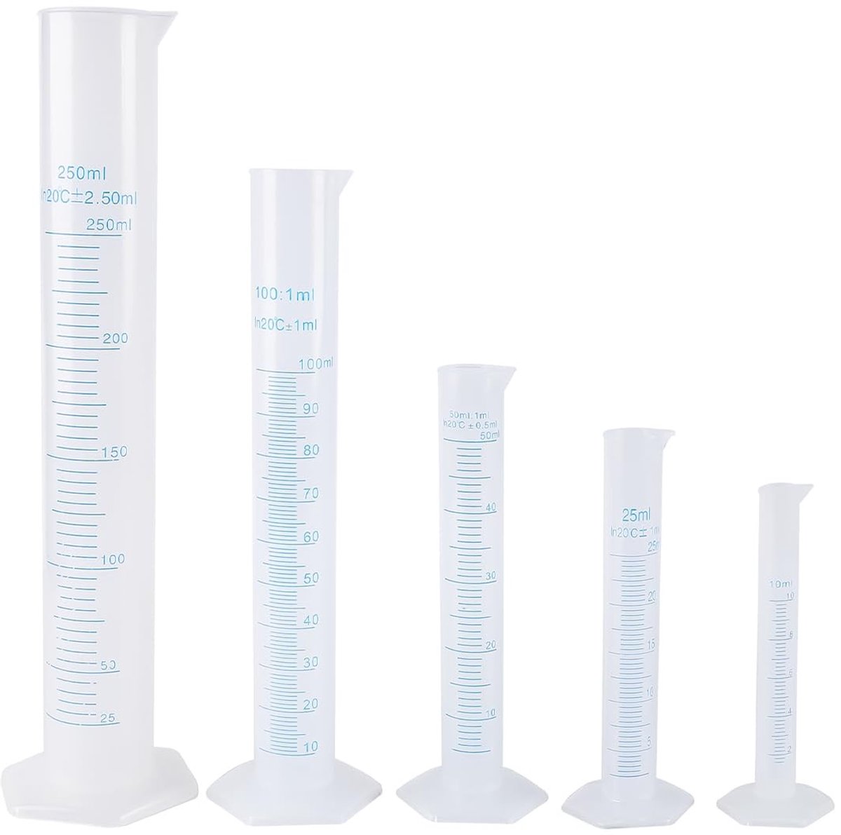 Dailygoods - Set van 5 Kunststof Maatcilinders (10ml tot 250ml)