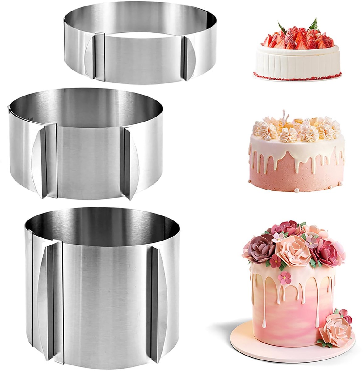 Dailygoods - Set van 3 Verstelbare Taartringen van Roestvrij Staal