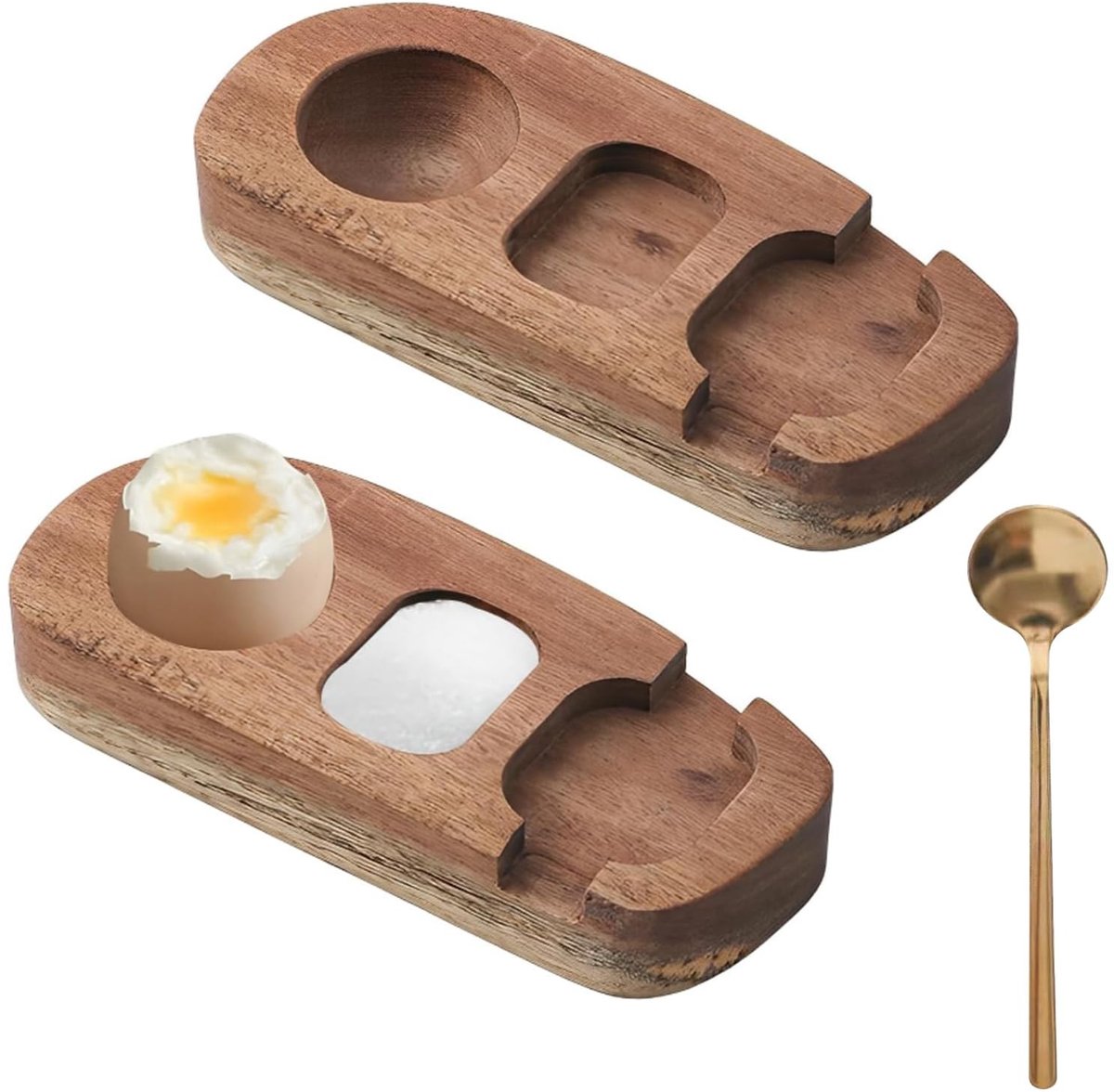 Dailygoods - Set van 2 Houten Eierdopjes met Lepelhouder