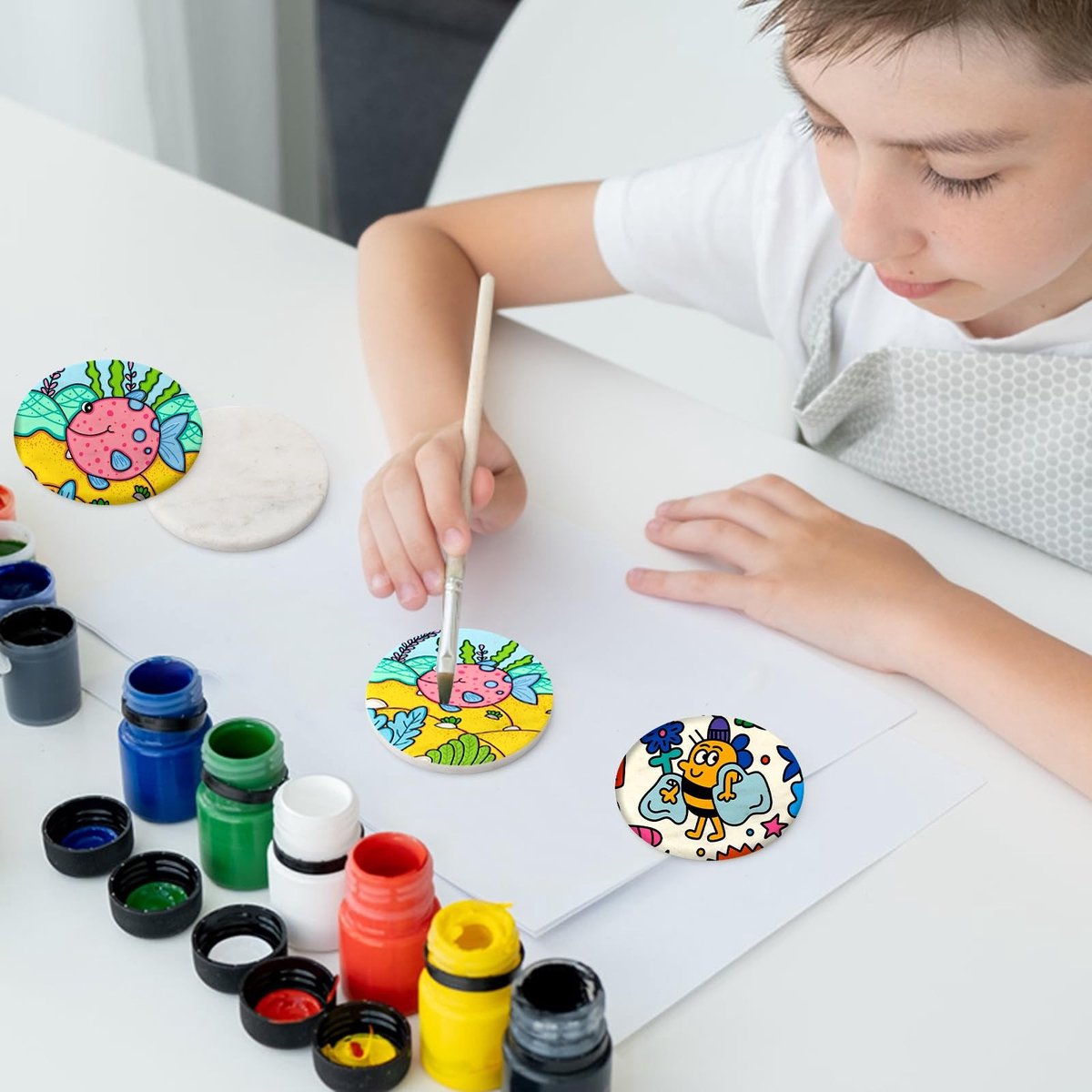 12 Stuks Platte Verfstenen voor Schilderen, Wit, Rond, Diameter 6.3 cm - Creatief Hobbymateriaal voor Kinderen en Volwassenen — cadeau in Hobby - foto 6