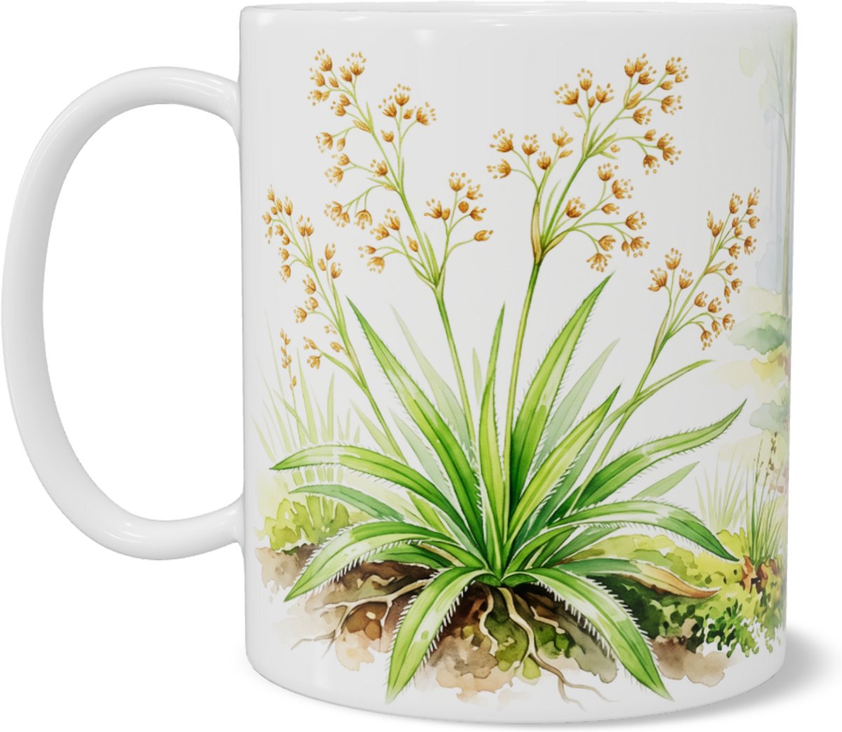 Mok met sfeervol mistig boslandschap en ruige veldbies - botanische natuur aquarel