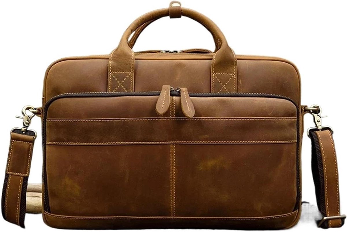 Leren Schoudertas - Laptoptas Heren - Zakelijk Gebruik - Echt Leer - 40 cm - Lichtbruin