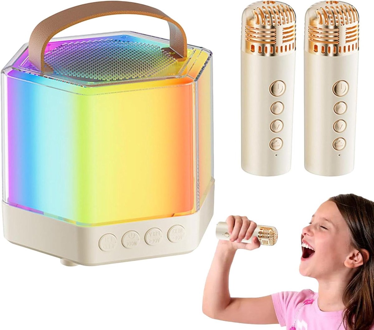 Karaoke machine - Draagbare geluidsbox - Feestelijke zangavonden - Met 2 microfoons - 12 x 12 x 12 cm - Wit