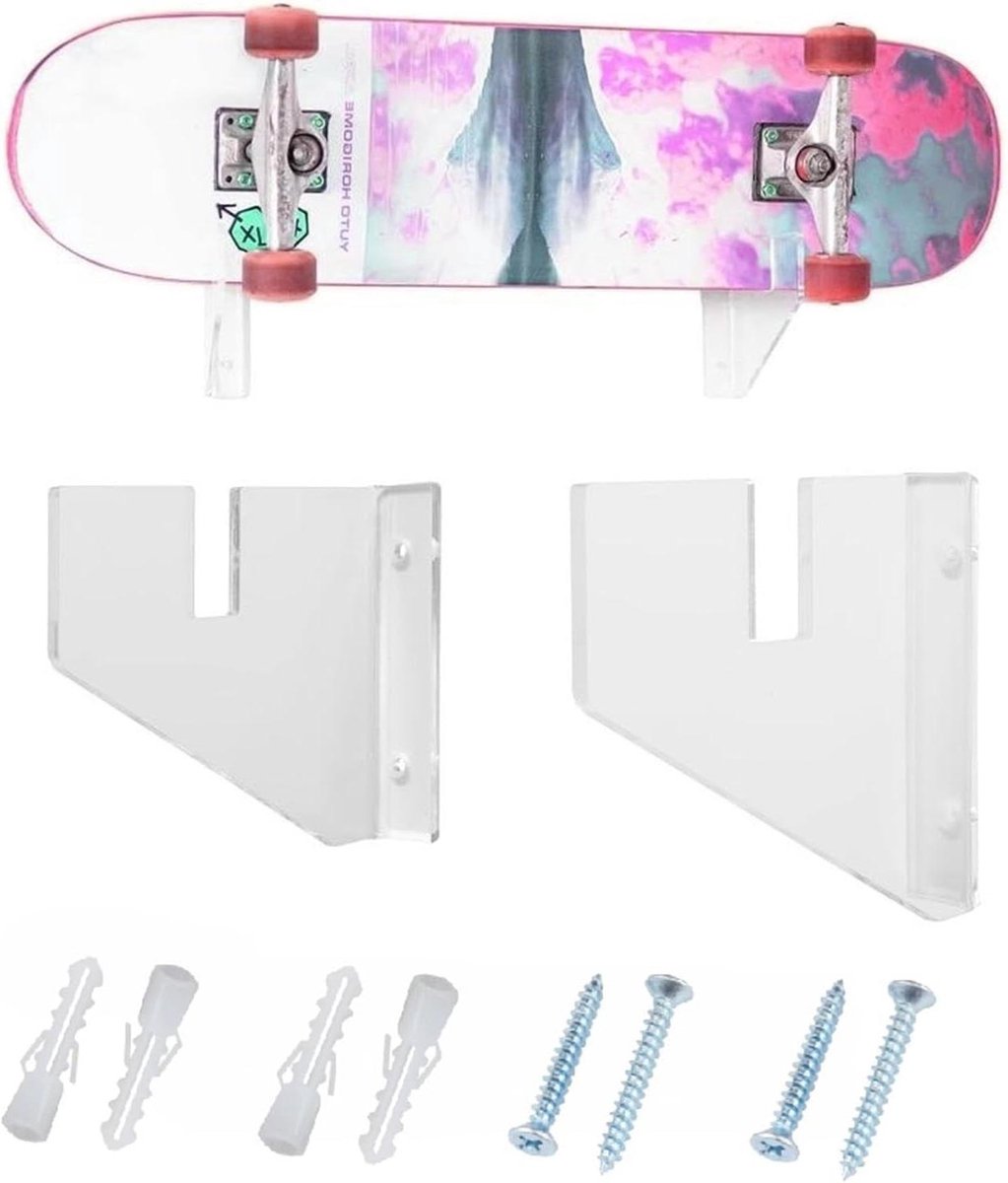 Longboard Muurbeugel Skateboard Hanger Opslag Presentatie Duurzaam Acryl 15x12x3 cm Transparant