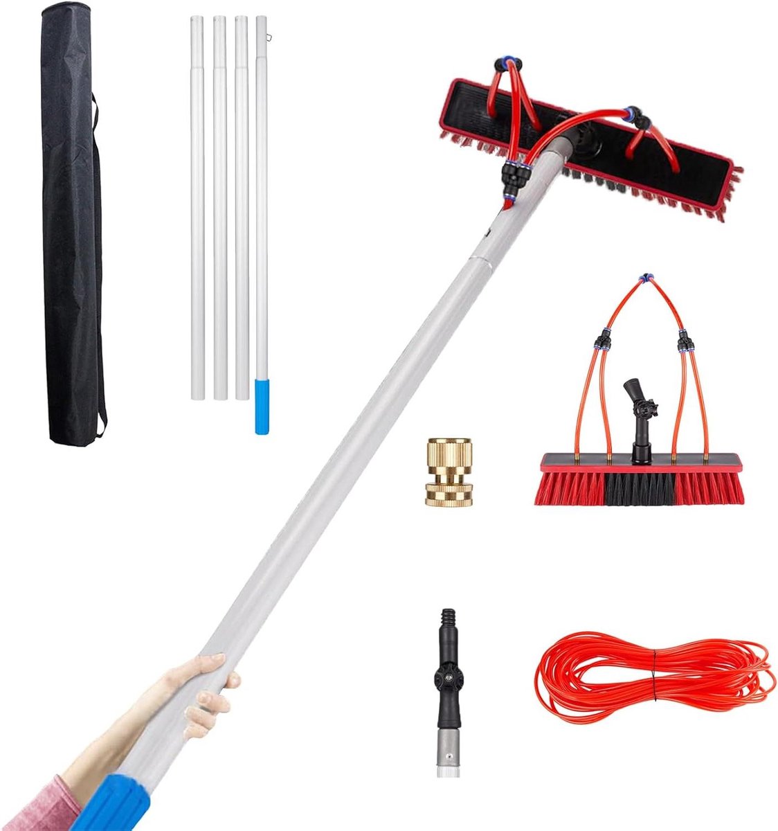 Reinigingsstang Zonnepanelen - Verstelbare Borstel - Hoge Ramen Wassen - Telescopisch Uitschuifbaar - 4 Meter Lengte - Blauw