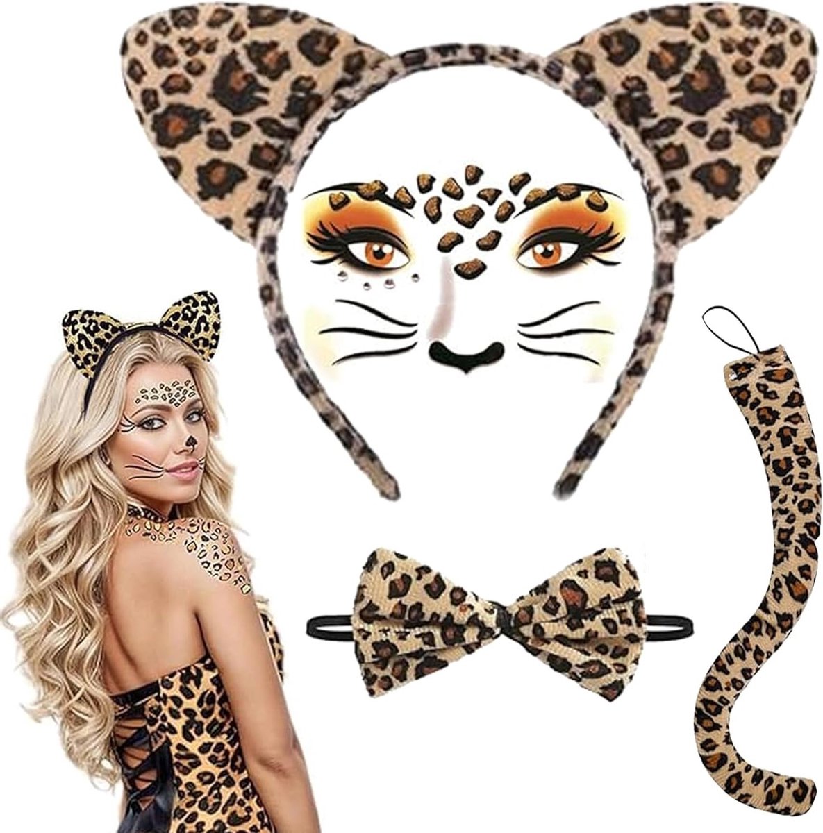 Leopard Kostuum Set voor Vrouwen - Oren Hoofdband, Gezichtsstickers, Staart en Strik voor Carnaval en Feestjes