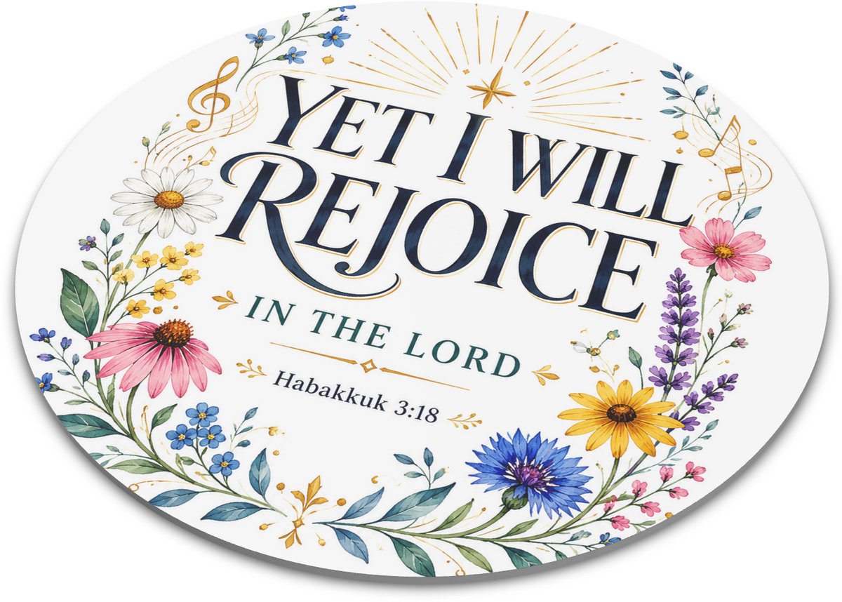 Ronde muismat met christelijke quote 'Yet I Will Rejoice' - Vrolijke aquarel illustratie met kleurrijke wilde bloemen en muzieknoten - Bijbeltekst Habakuk 3:18 - Positief cadeau voor bureau of werkhoek - 22x22 cm